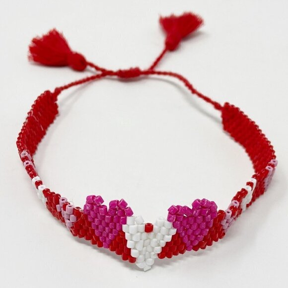 Red Hot Pink White Seed Bead Adjustable Hearts Bracelet - Picture 1 of 6